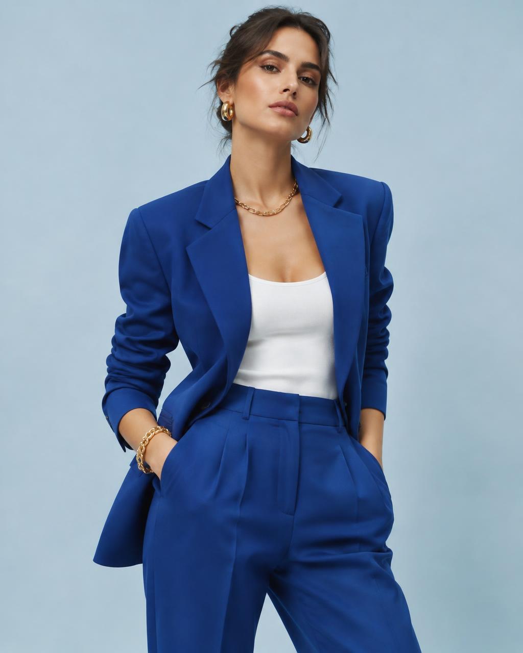 Model in a cobalt suit with gold jewelry